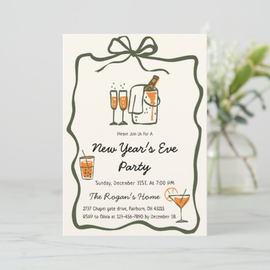 Whimsical Hand Drawn Bow Frame New Year Eve Party Kaart (Staand voorkant)