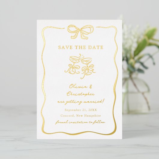 Whimsical Hand Drawn Bow Frame Save the Date Folie Uitnodiging (Staand Voorkant)