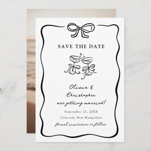 Whimsical Hand Drawn Bow Frame Save the Date Kaart (Voorkant / Achterkant)