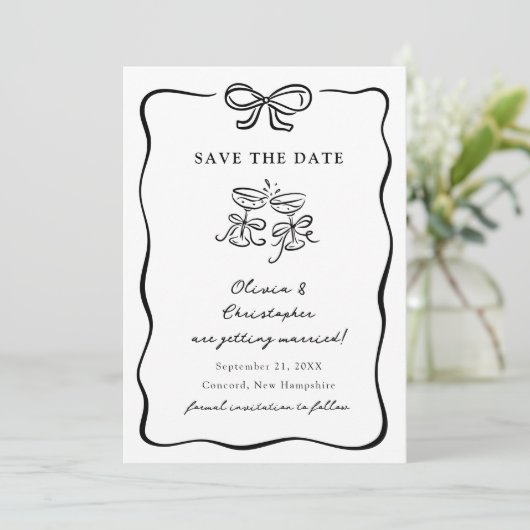 Whimsical Hand Drawn Bow Frame Save the Date Kaart (Staand voorkant)