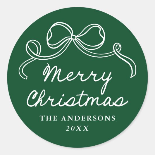 Whimsical Hand-Drawn Bow Green Merry Christmas Ronde Sticker (Voorkant)