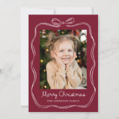 Whimsical Hand-Drawn Bow Lijst Bourgondië 2 Foto Feestdagenkaart (Voorkant)