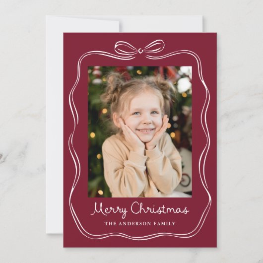 Whimsical Hand-Drawn Bow Lijst Bourgondië 2 Foto Feestdagenkaart (Voorkant)