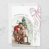 Whimsical Hand Drawn Bow Red Christmas Photo Card Feestdagenkaart (Voorkant)