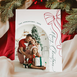 Whimsical Hand Drawn Bow Red Christmas Photo Card Feestdagenkaart