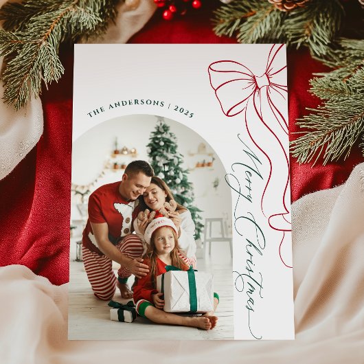 Whimsical Hand Drawn Bow Red Christmas Photo Card Feestdagenkaart
