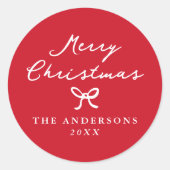 Whimsical Hand-Drawn Bow Red Christmas Ronde Sticker (Voorkant)