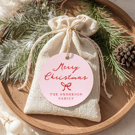 Whimsical Hand-Drawn Bow Roze Kerstcadeau Label