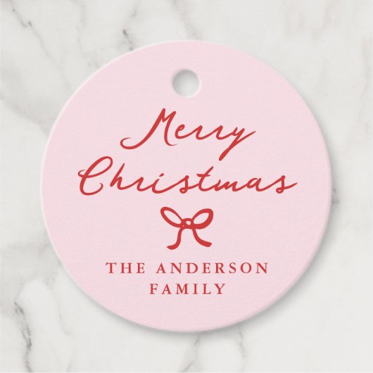 Whimsical Hand-Drawn Bow Roze Kerstcadeau Label (Voorkant)