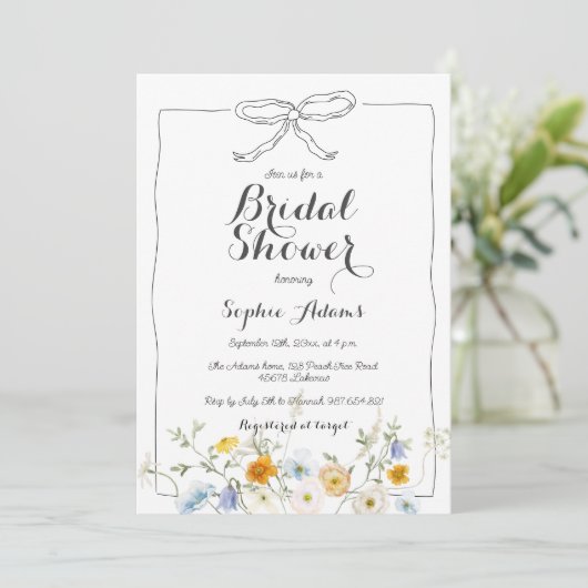 Whimsical Hand Drawn Bow Wildflower Vrijgezellenfe Kaart (Staand voorkant)