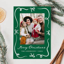Whimsical Hand-Drawn Bows Green 2 Foto Kerstmis Feestdagenkaart