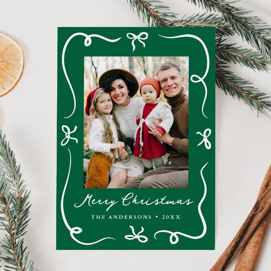Whimsical Hand-Drawn Bows Green 2 Foto Kerstmis Feestdagenkaart