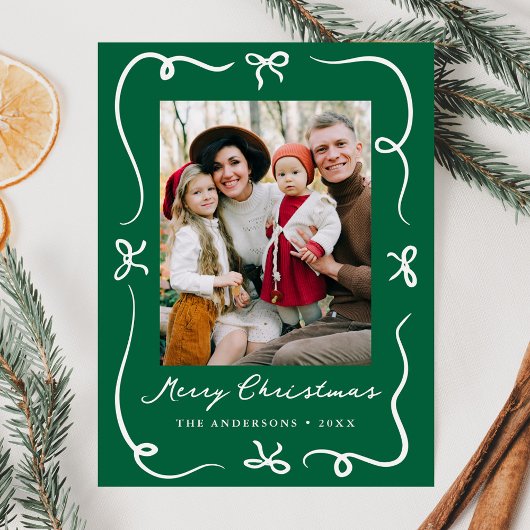 Whimsical Hand-Drawn Bows Groene Foto Kerstmis Feestdagenkaart