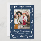 Whimsical Hand-Drawn Bows Navy 2 Foto Kerstmis Feestdagenkaart (Voorkant)