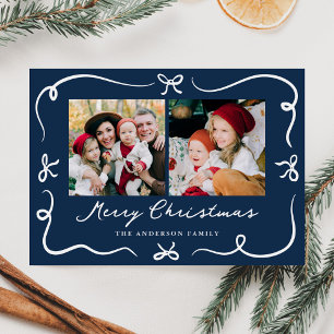 Whimsical Hand-Drawn Bows Navy 2 Foto Kerstmis Feestdagenkaart