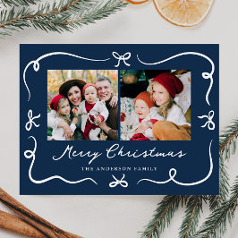 Whimsical Hand-Drawn Bows Navy 2 Foto Kerstmis Feestdagenkaart