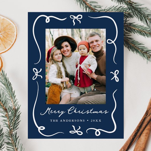 Whimsical Hand-Drawn Bows Navy Foto Kerstmis Feestdagenkaart