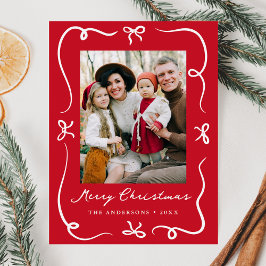 Whimsical Hand-Drawn Bows Red Foto Kerstmis Feestdagenkaart