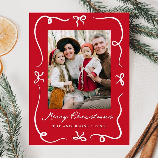 Whimsical Hand-Drawn Bows Red Foto Kerstmis Feestdagenkaart
