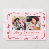 Whimsical Hand-Drawn Bows Roze 2 Foto Kerstmis Feestdagenkaart (Voorkant)
