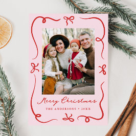 Whimsical Hand-Drawn Bows Roze 2 Foto Kerstmis Feestdagenkaart