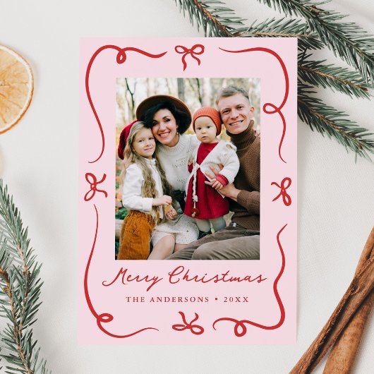 Whimsical Hand-Drawn Bows Roze 2 Foto Kerstmis Feestdagenkaart