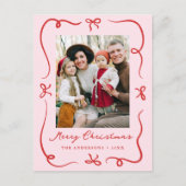 Whimsical Hand-Drawn Bows Roze en Rode Foto Feestdagenkaart (Voorkant)