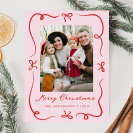Whimsical Hand-Drawn Bows Roze en Rode Foto Feestdagenkaart