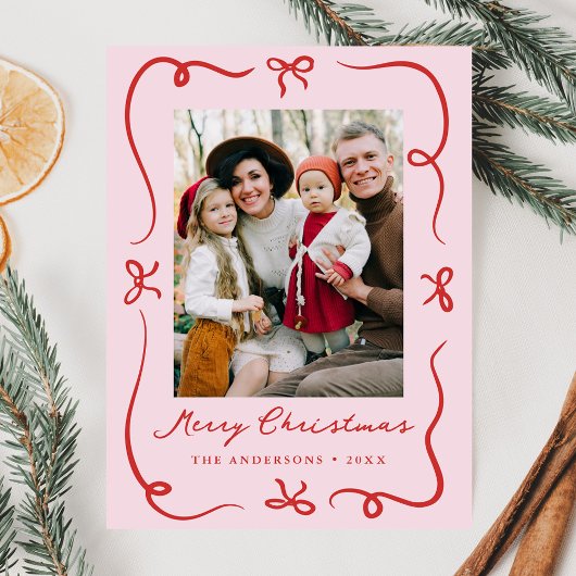 Whimsical Hand-Drawn Bows Roze en Rode Foto Feestdagenkaart