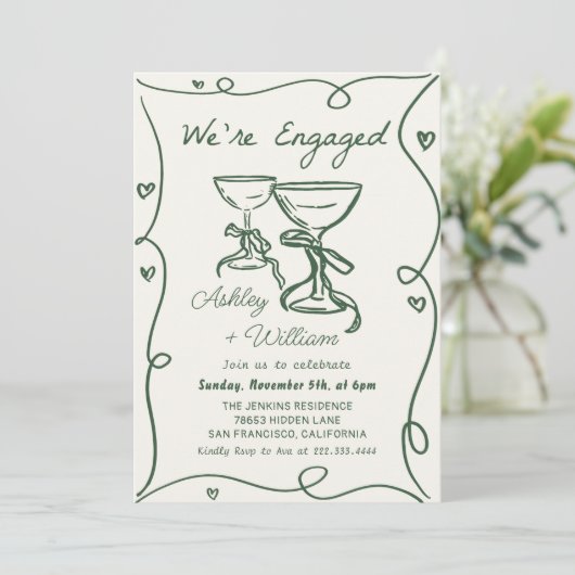 Whimsical Hand Drawn Champagne Engagement Party Kaart (Staand voorkant)