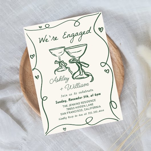 Whimsical Hand Drawn Champagne Engagement Party Kaart