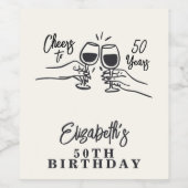 Whimsical Hand Drawn Cheers to 50 Years Birthday  Wijn Etiket (Enkel label)