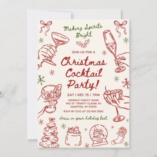 Whimsical Hand Drawn Christmas Cocktail Party Kaart (Voorkant)