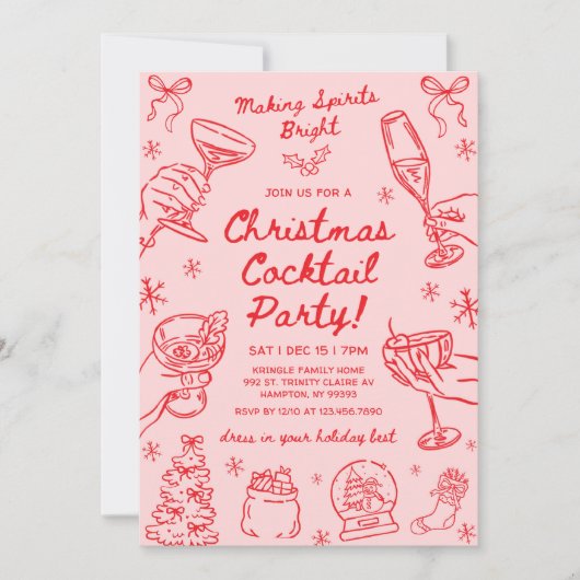 Whimsical Hand Drawn Christmas Cocktail Party Kaart (Voorkant)