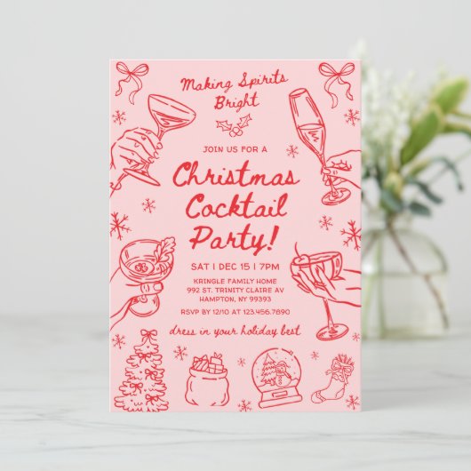 Whimsical Hand Drawn Christmas Cocktail Party Kaart (Staand voorkant)