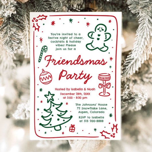 Whimsical Hand Drawn Christmas Friendsmas Party Kaart