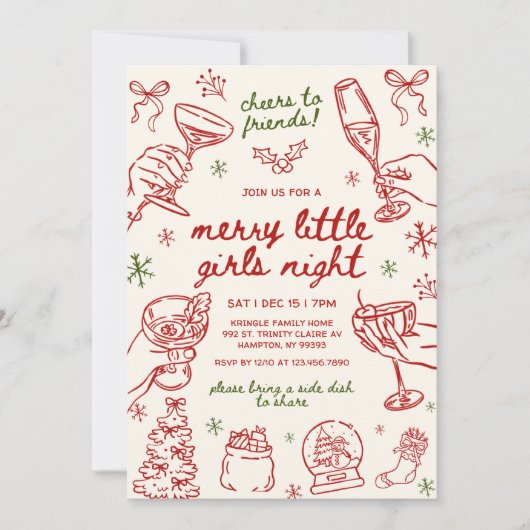 Whimsical Hand Drawn Christmas Girls Night Kaart (Voorkant)