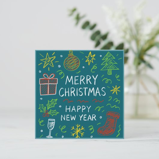Whimsical Hand-Drawn Christmas Kaart op Blauwgroen (Staand voorkant)