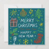 Whimsical Hand-Drawn Christmas Kaart op Blauwgroen (Voorkant)