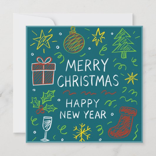 Whimsical Hand-Drawn Christmas Kaart op Blauwgroen (Voorkant)