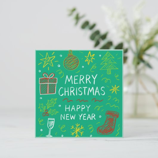 Whimsical Hand-Drawn Christmas Kaart op Groen (Staand voorkant)