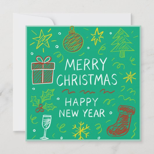 Whimsical Hand-Drawn Christmas Kaart op Groen (Voorkant)