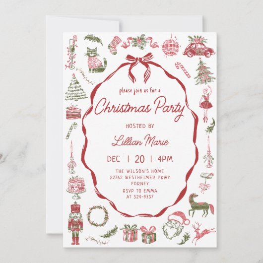 Whimsical Hand Drawn Christmas Party Invitation Kaart (Voorkant)