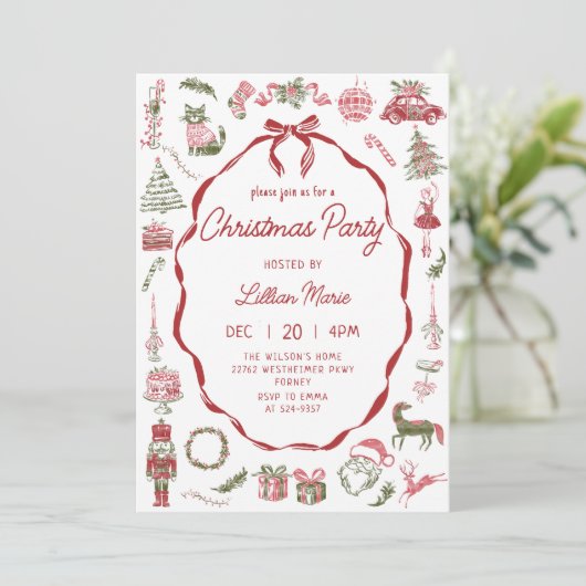 Whimsical Hand Drawn Christmas Party Invitation Kaart (Staand voorkant)