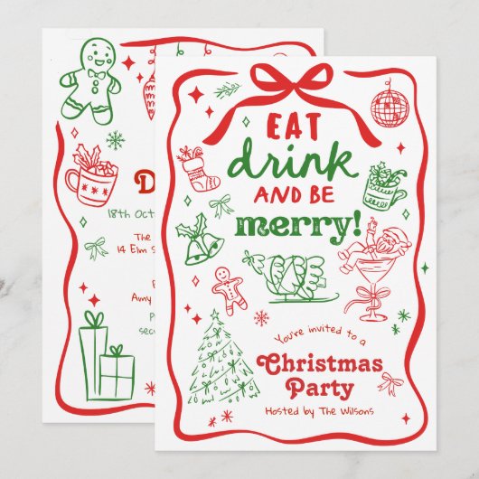 Whimsical Hand Drawn Christmas Party Kaart (Voorkant / Achterkant)