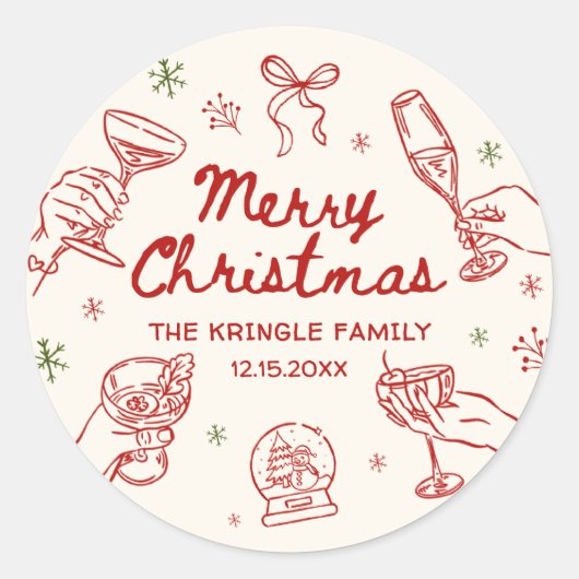 Whimsical Hand Drawn Christmas Party  Ronde Sticker (Voorkant)