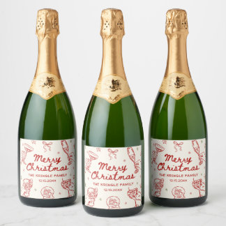 Whimsical Hand Drawn Christmas Party Sparkling Wijnetiket
