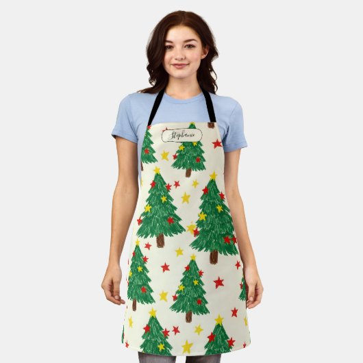 Whimsical Hand Drawn Christmas Tree Pattern Person Schort (Gedragen)