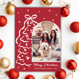 Whimsical Hand-Drawn Christmas Tree Photo Red Feestdagenkaart