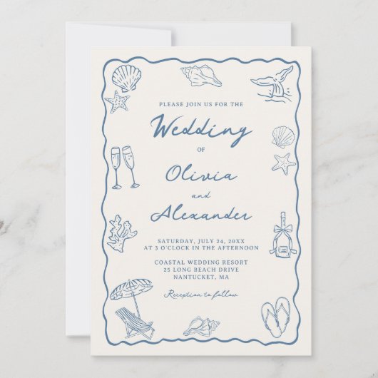 Whimsical Hand Drawn Coastal Beach Wedding Kaart (Voorkant)